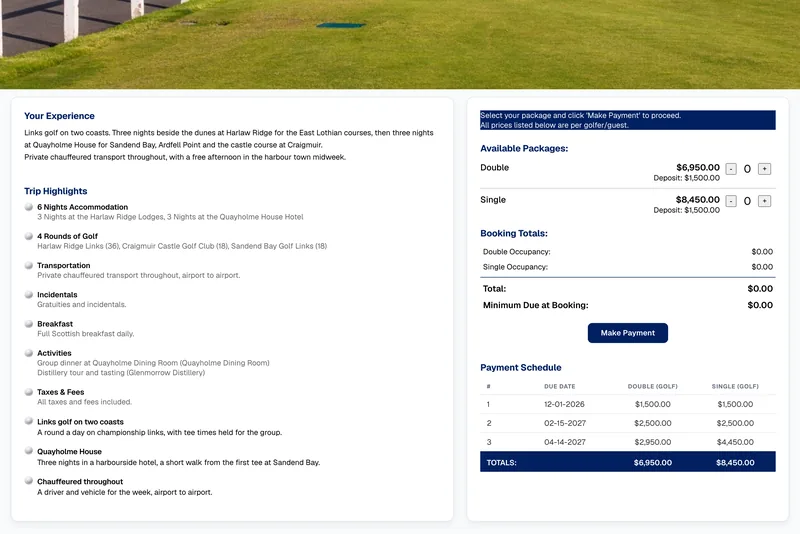 The guest's sign-up page: choose a room, add the party and pay the deposit by card.