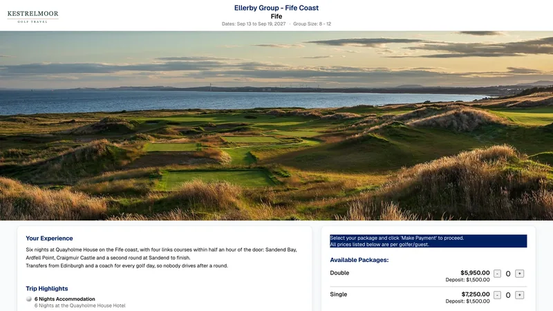 A trip's own page as a guest sees it: the operator's brand, the course, and the packages to book.