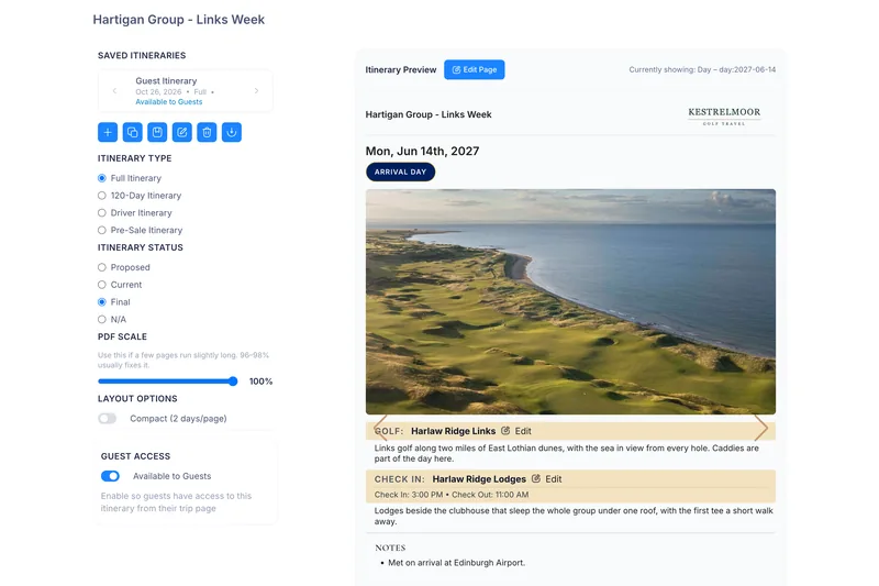 The itinerary builder: a day's rounds, tee times and transfers on the page guests will see.