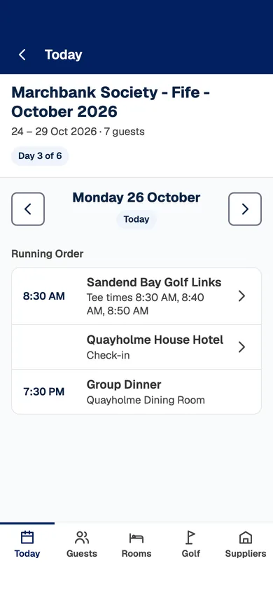 The ground app's Today screen on a phone: the day's running order for the staff on tour.