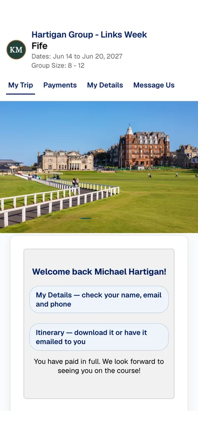 A guest's own trip page on a phone: the itinerary, documents and what they owe.